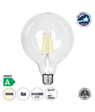 GLOBOSTAR® BUBBLE 99093 Λάμπα E27 G125 LED 4W 840lm 360° AC 220-240V IP20 Φυσικό Λευκό 4500K - Long Filament Chip - Διάφανο - Μ12.5 x Π12.5 x Υ13.8cm - 3 Χρόνια Εγγύηση